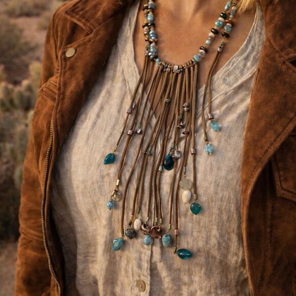 Jewelry - Boho Turquoise Rhinestone Fringe Statement Necklace Western Bib Tassel